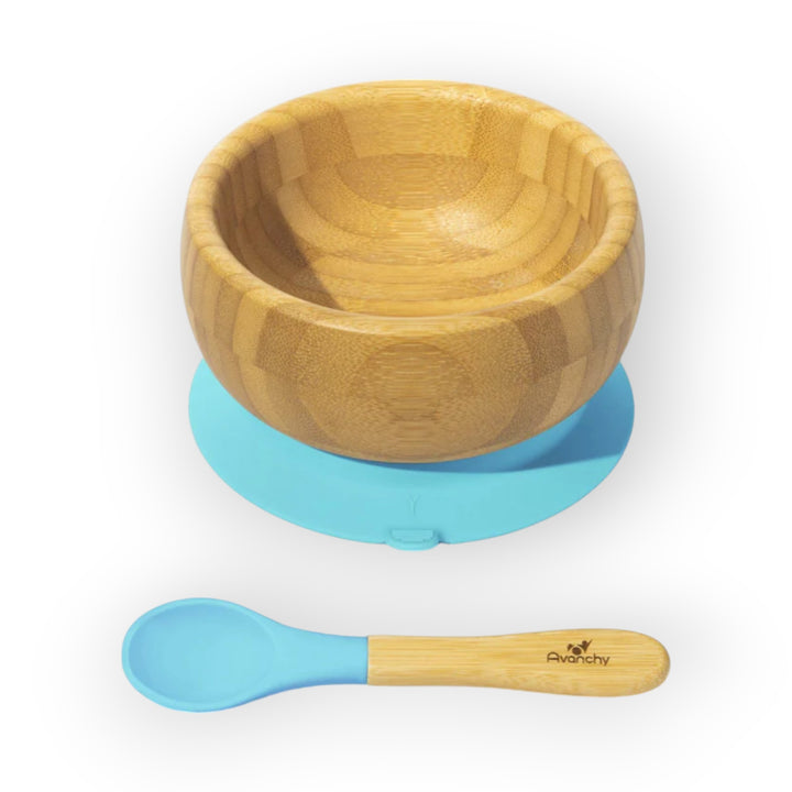 Avanchy Bamboo Suction Baby Bowl + Spoon Blue