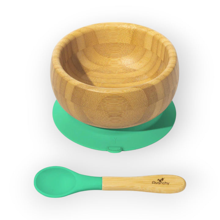 Avanchy Bamboo Suction Baby Bowl + Spoon Green