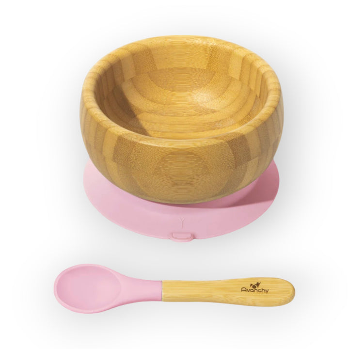 Avanchy Bamboo Suction Baby Bowl + Spoon Pink