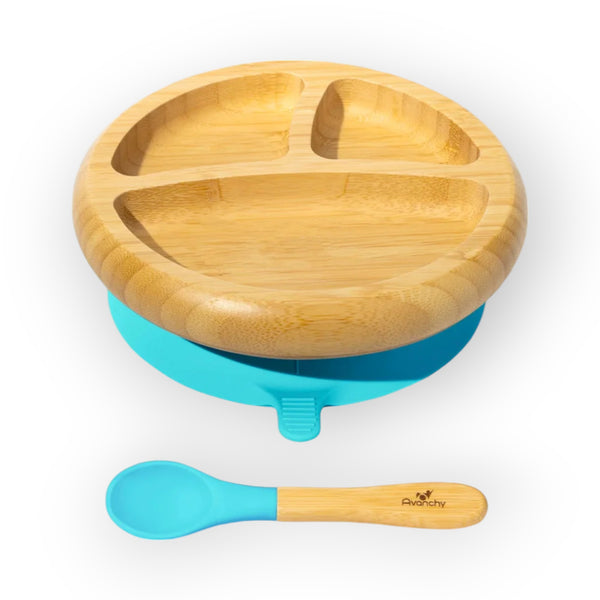 Avanchy Bamboo Suction Baby Plate + Spoon lue