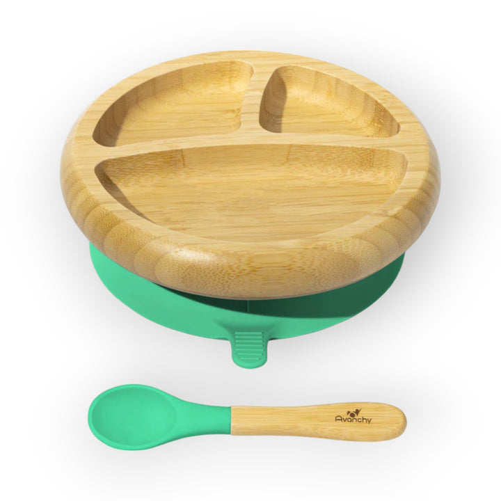 Avanchy Bamboo Suction Baby Plate + Spoon Green