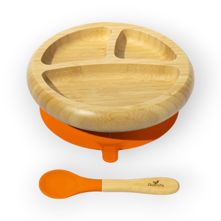 Avanchy Bamboo Suction Baby Plate + Spoon Orange