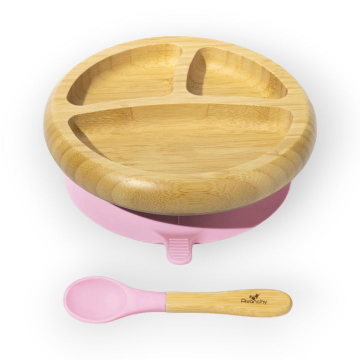 Avanchy Bamboo Suction Baby Plate + Spoon Pink