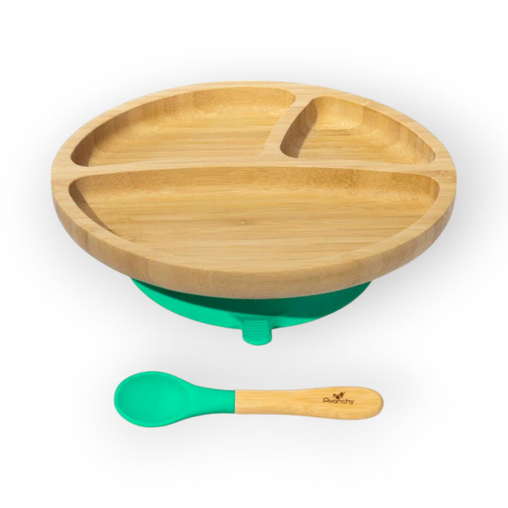 Avanchy Bamboo Suction Toddler Plate + Spoon Green