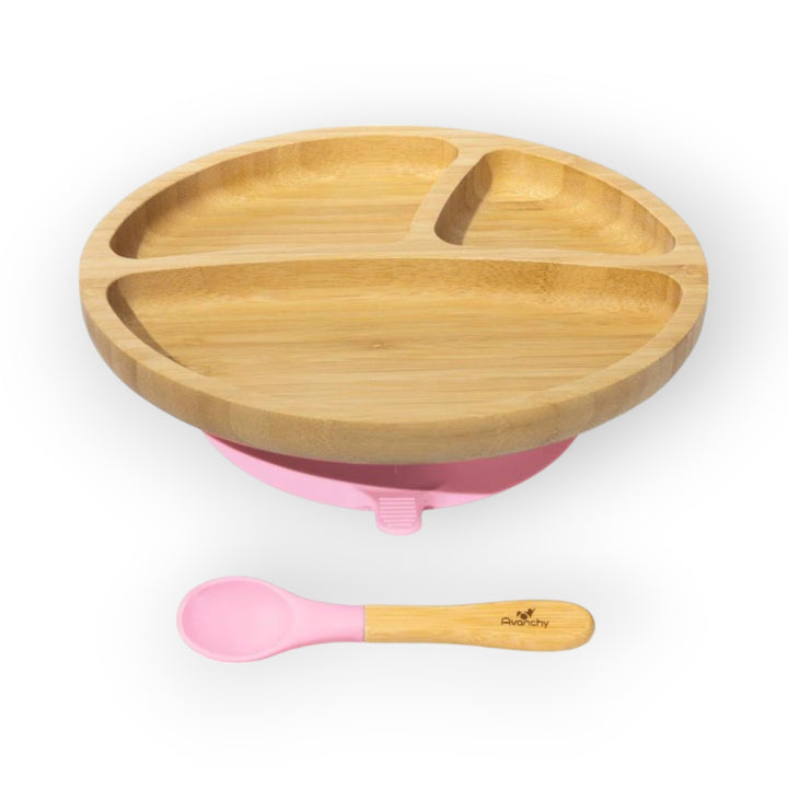 Avanchy Bamboo Suction Toddler Plate + Spoon Pink