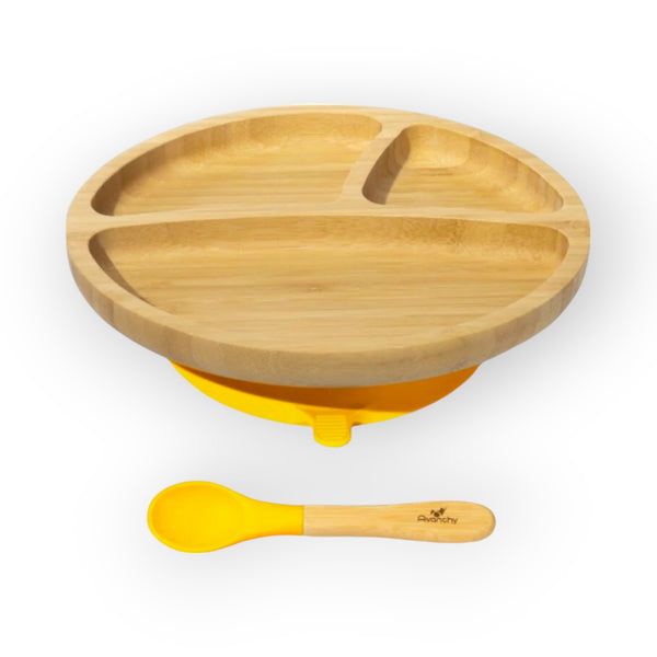 Avanchy Bamboo Suction Toddler Plate + Spoon Yellow