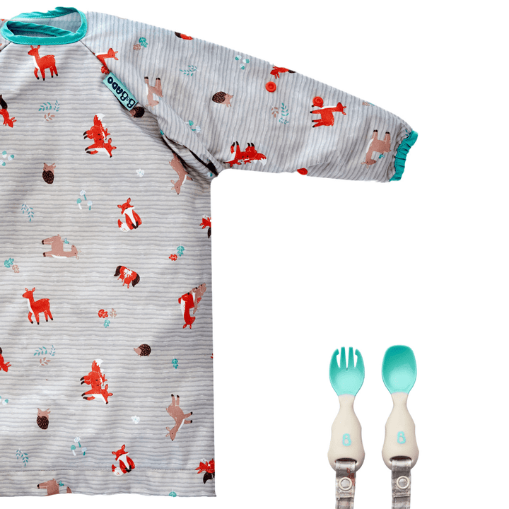 Bibado Long Sleeve Coverall &amp; Attachable Handi Cutlery Bundle Woodland Friends Grey