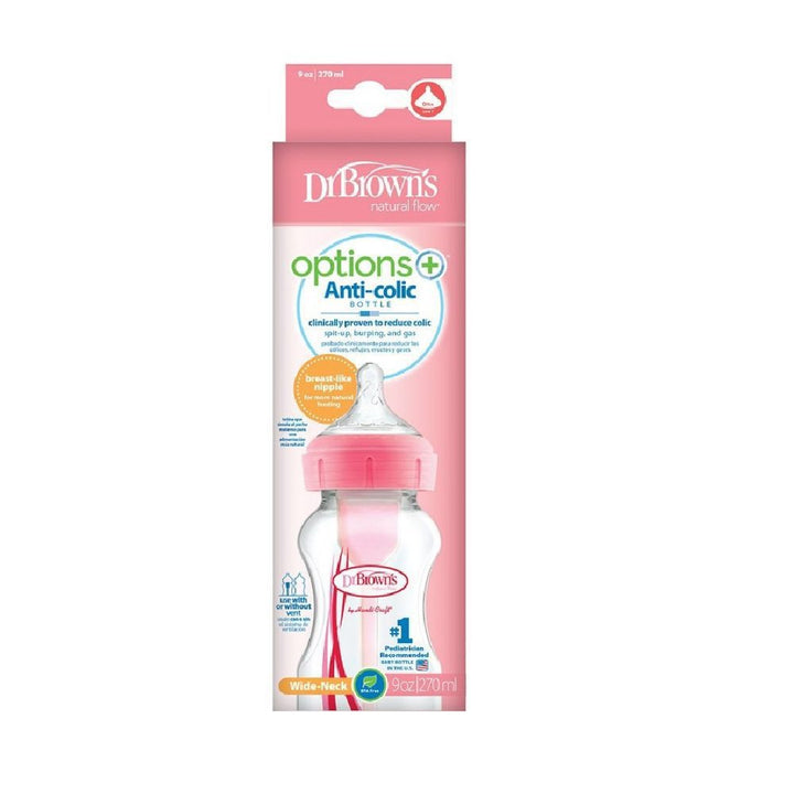 Dr. Brown's Natural Flow Options+ Anti-Colic Baby Bottle, Wide-Neck, 9oz/270ml - Pink