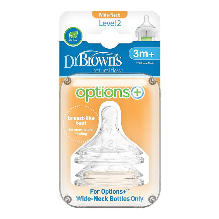 Dr. Brown's Options+ Wide-Neck Baby Bottle Nipple, Level 2 (3m+), Pack of 2