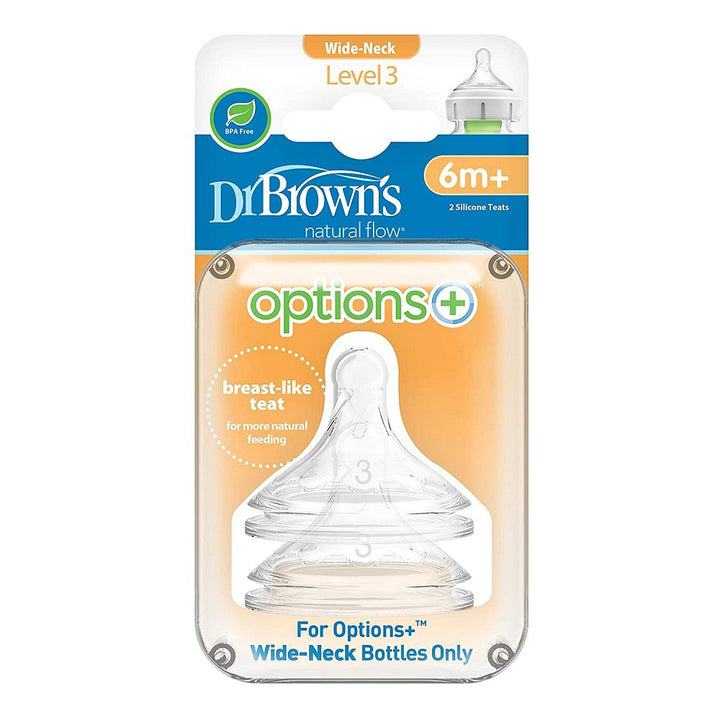 Dr. Brown's Options+ Wide-Neck Baby Bottle Nipple, Level 3 (6m+), Pack of 2