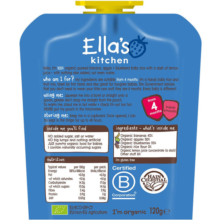 Ella's Kitchen Banana Apple + Blueberry Baby Rice,  4m+, 120g