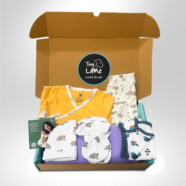 TinyLane QUICK - Baby Essentials Set of 7 - Mustard Jhabla+Cat leggings+CBM+Bird bib+Purple dry mat