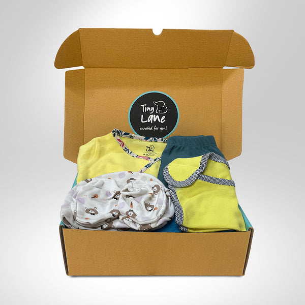 TinyLane QUICK - Baby Essentials (set of 7)- Yellow Jhabla + Teal Legging+ New Panda CBM + 1 Bib- Yellow + Blue Drymat