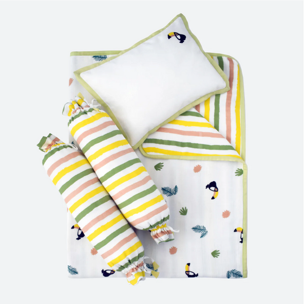 Masilo Mini Cot Set – Tropical Toucan (With Small Blanket)