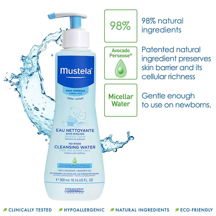 Mustela No Rinse Cleansing Water, with Natural Avocado Perseose and Aloe Vera, 300ml