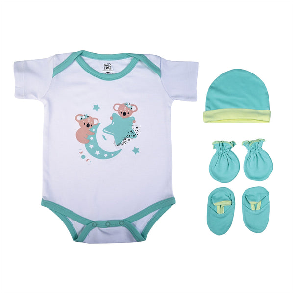 TinyLane Krescent Koala Baby Onesie, Cap, Bootie & Mitten Set