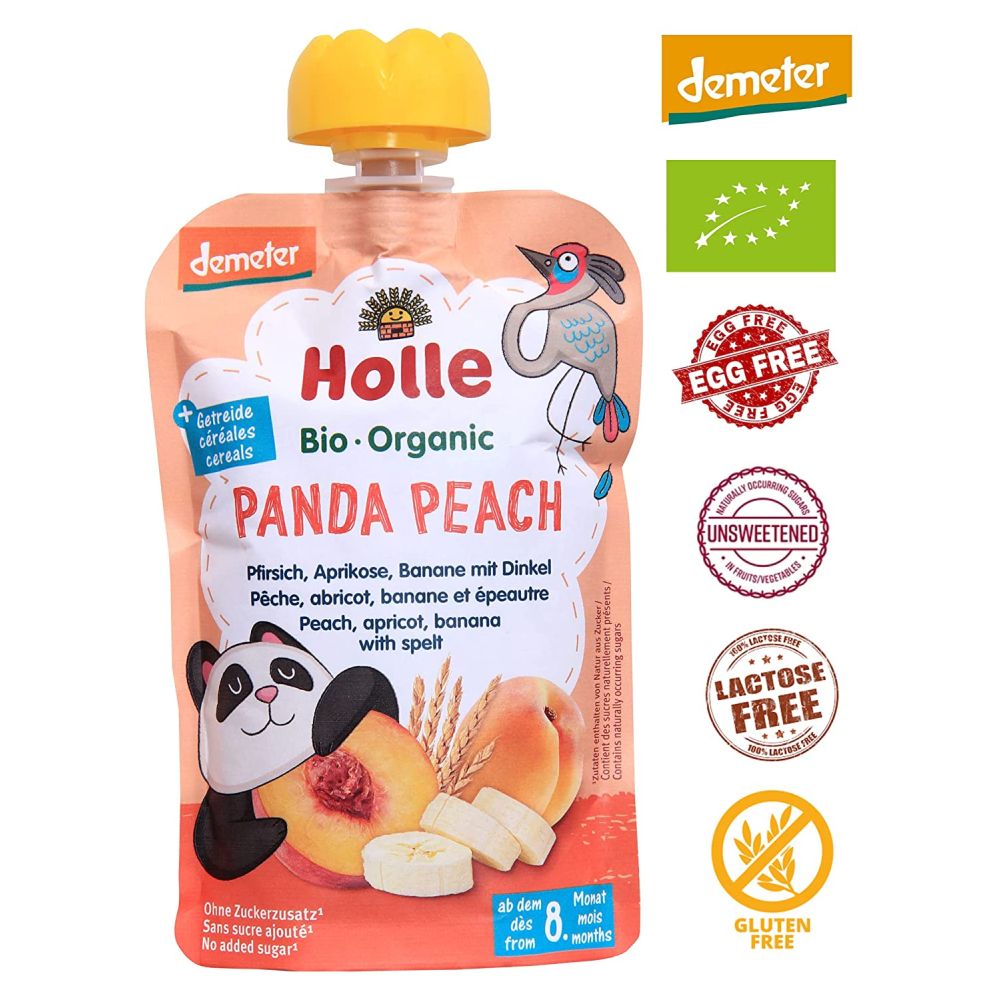 Holle Baby Food Pouches - Organic Fruit & Grain Puree - Panda Peach